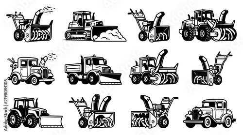 Construction Vehicles Set with Snowplows, Including Bulldozers, Trucks
