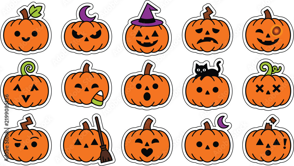 Fototapeta premium Halloween Jack-O-Lantern Faces Set of 15 Fun and Spooky Pumpkin Stickers Vector Illustration