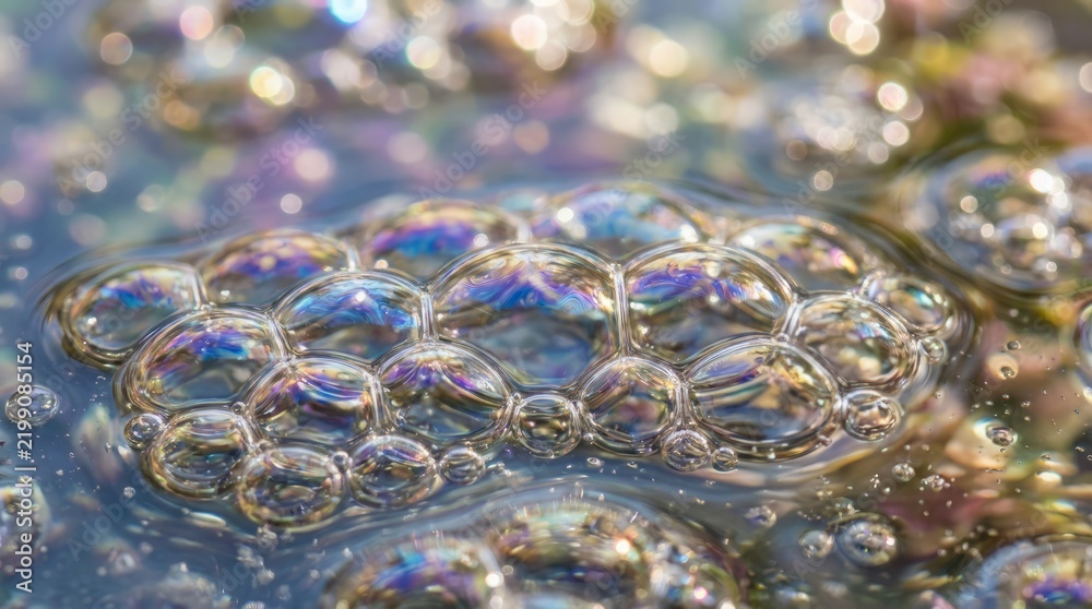 Obraz premium Macro Close Up of Iridescent Soap Bubbles Floating on Water Surface Creating Abstract Refractive Light Patterns and Textures