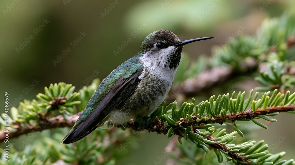 Obraz premium A small hummingbird perched on a green conifer branch showing iridescent green and white feathers with a long black beak