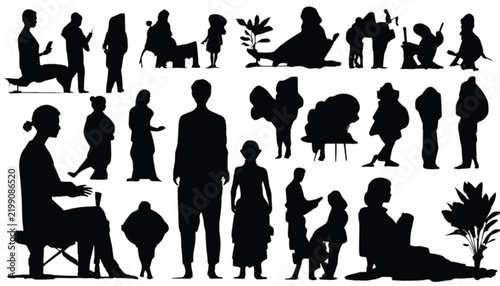 People silhouettes in various active and resting poses are displayed in a clean graphic collection set against a solid white background.