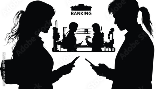 Silhouettes of a man and a woman using smartphones represent modern mobile banking technology contrasted with traditional in-person bank teller services.