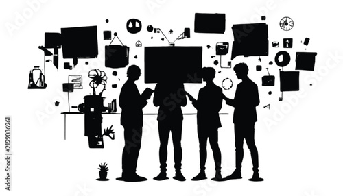 Business team silhouettes analyzing digital multimedia data and technology icons displayed on workspace screens.