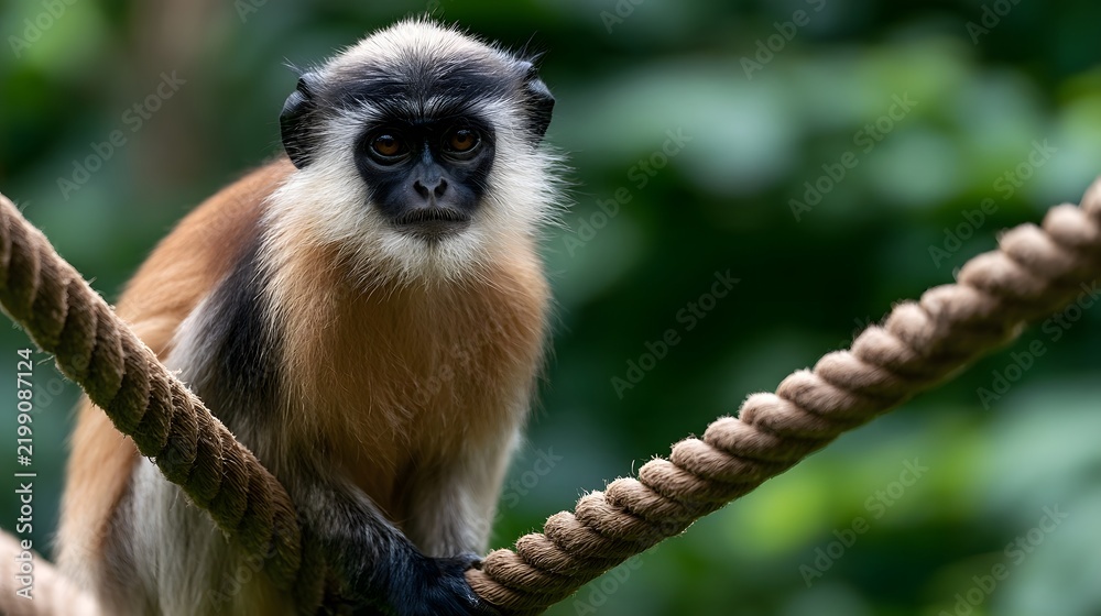 Fototapeta premium A close up of a langur monkey perched on thick rope looking directly at viewer with expressive eyes against blurred green foliage background