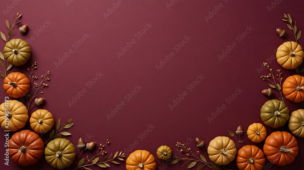 Fototapeta premium Autumn flat lay background with pumpkins and acorns