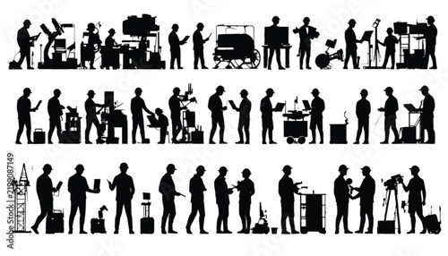 Industrial worker silhouettes operate heavy machinery and modern equipment in organized horizontal rows on white.
