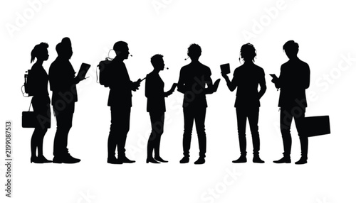 Group silhouettes of modern students and working professionals stand together in a row against a white backdrop.