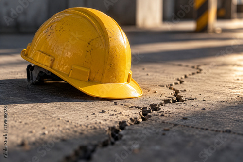 Yellow safety helmet lying on cracked concrete floor at an industrial construction site, workplace safety and accident concept