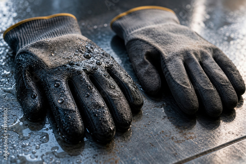 Pair of grey and black coated work gloves with water droplets on a wet metal surface, industrial hand protection concept