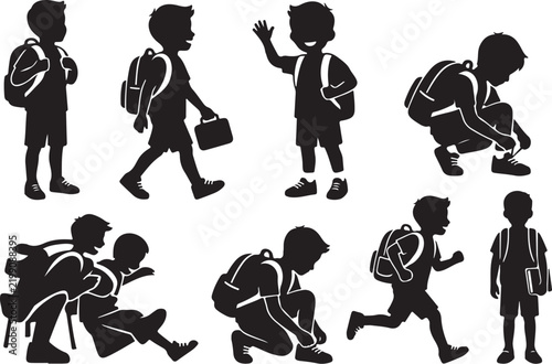 School boy silhouettes set, primary student with backpack vector collection, children walking and playing back to school graphics, black isolated icons
