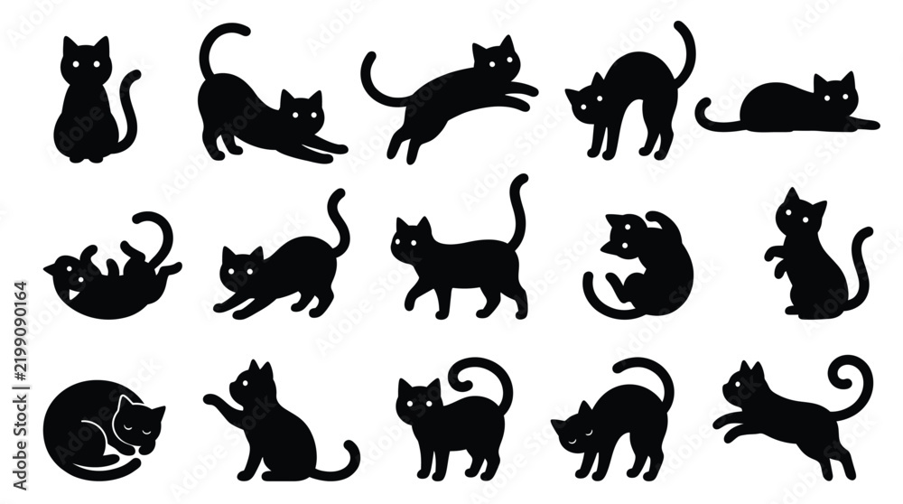 Obraz premium Set of black cat silhouettes in various poses isolated on white background