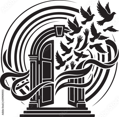 Spiritual freedom vector illustration, open door with flying doves and reaching hands, symbolic black and white religious concept art