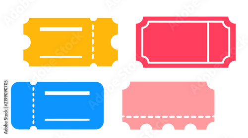 Set of colorful blank admission, cinema, park entry tickets with different shapes and perforated lines vector.