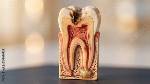 cross section of human tooth showing pulp nerves enamel root canal with bacterial infection photorealistic dental anatomy close up golden hour lighting highly detailed medical