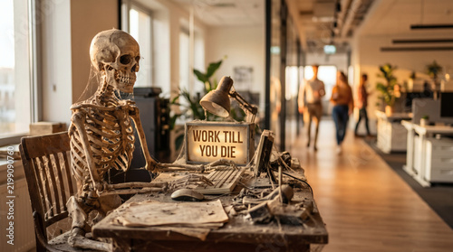 skeleton worker at dusty cobweb desk in modern office with golden hour light photorealistic spooky corporate humor concept for halloween