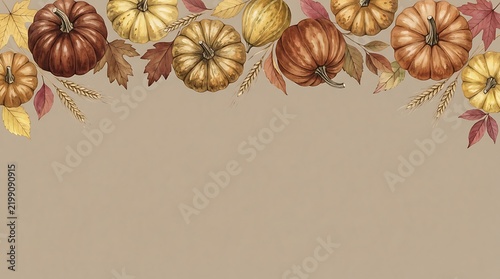 Autumn pumpkins and leaves border on beige background