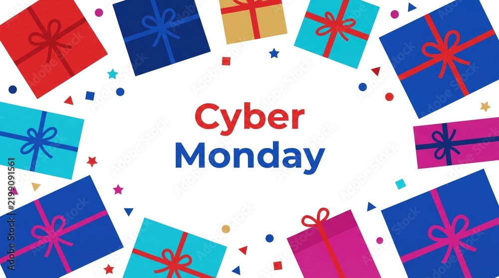 Fototapeta premium Cyber monday sale banner with colorful gift boxes and confetti isolated on white background