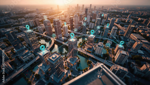 Aerial view of a modern city skyline featuring digital location markers and network connections at sunset with skyscrapers cityscape connected representing network data