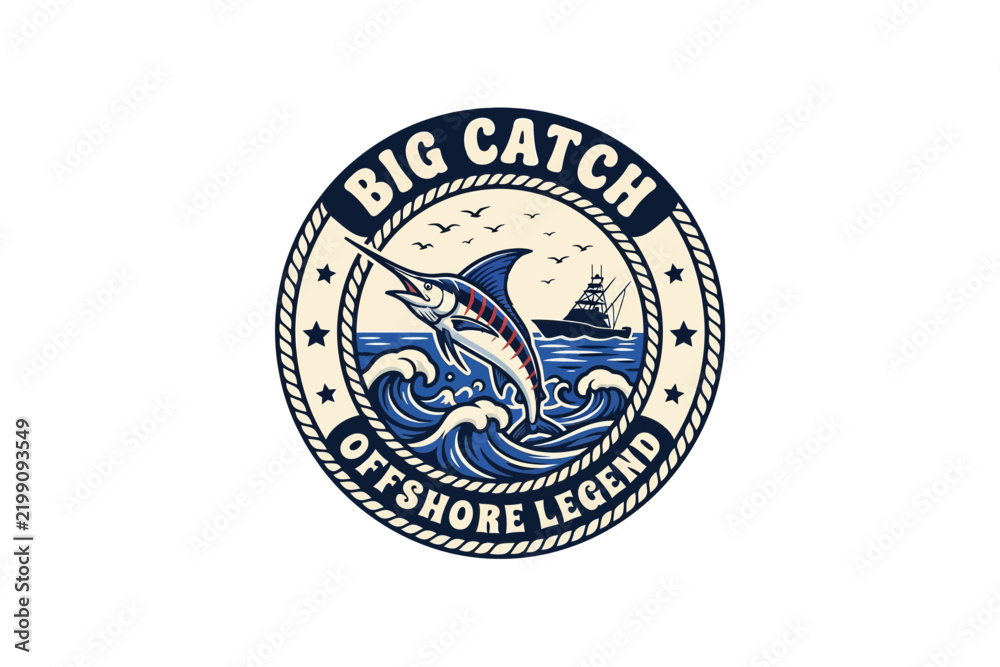 Fototapeta premium Big Catch Offshore Legend Fishing Logo Vector Illustration Featuring Marlin Fish and Boat Emblem