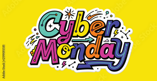 Cyber Monday colorful hand-drawn typography and shopping doodle illustration