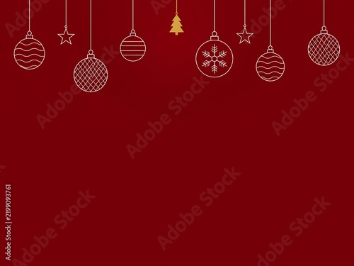 Hanging christmas baubles with various patterns and stars in thin gold lines with a single gold christmas tree icon on a deep red background