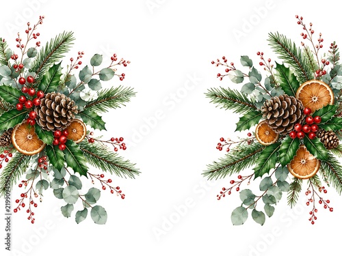 Two symmetrical christmas floral arrangements featuring pine branches, green leaves, brown pine cones, dried orange slices, and red berries on a plain white background