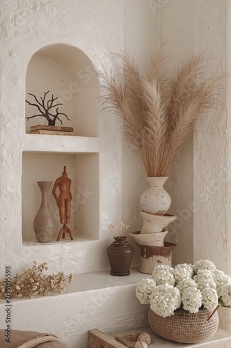 Decorative Display in a Minimalist Interior Setting With Various Objects