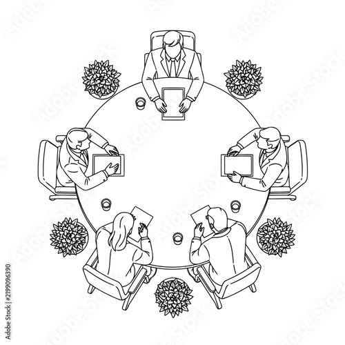 Business people sitting around a round table for a collaborative meeting with conference table office meeting corporate discussion business team office work