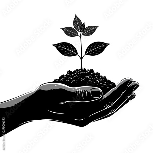 Hand holding pile of earth with a growing plant silhouette vector graphic black and white save earth silhouette environment seedling protection conservation