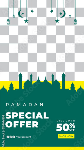 Editable vector Ramadan special offer story template with mosque silhouette, hanging lanterns, discount badge, photo placeholder, yellow accents, and button.
