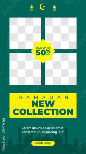 Editable vector Ramadan new collection story template with four photo placeholders, center discount badge, mosque silhouette, yellow title bar, and button.