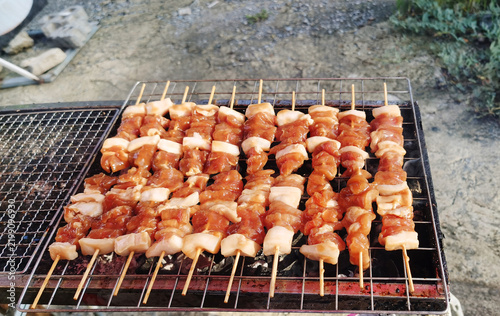 Canvastavla Thai style grilled pork barbecue or Moo Ping before cooked.