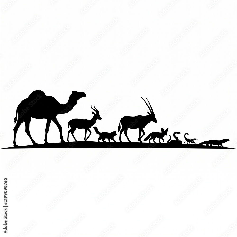 Obraz premium Minimalist Black Silhouette Collection of Desert Wildlife Species Including Camel, Oryx, Gazelle, Fennec Fox, Snake, Scorpion, and Lizard Isolated on White Background for Professional Design.