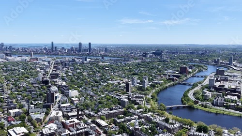 Aerial view of Cambridge and Harvard University with historic churches and Boston skyline, Massachusetts, USA. g.