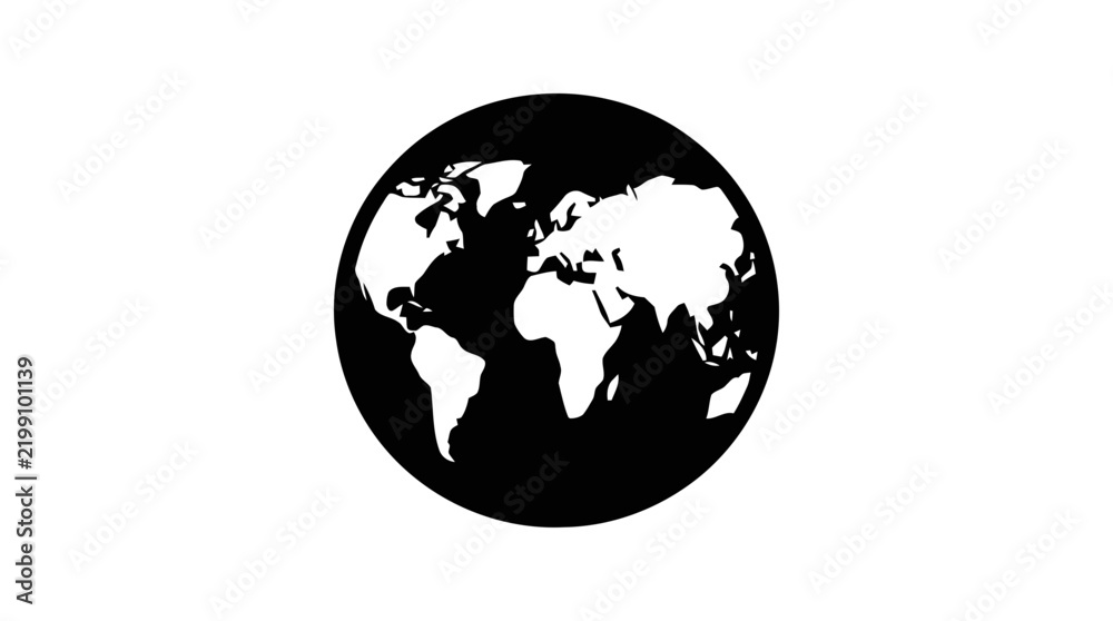 Fototapeta premium Vector illustration of black and white icon of a globe showing world map on a transparent background