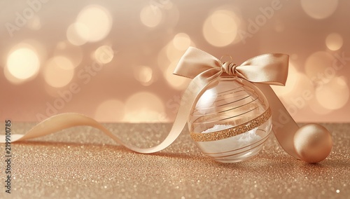 Decorative Glass Ornament on a Shiny Surface With a Bow and a Smaller Ornamen...