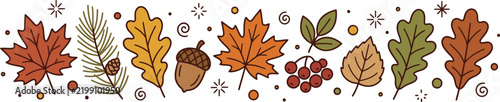 Autumn leaves horizontal border vector, fall foliage line art with maple and oak leaves, seasonal botanical banner for thanksgiving decor