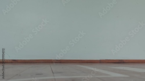 Empty old school gymnasium interior with a worn wooden floor, white court markings, and a pale, blank wall. Perfect for sports concepts