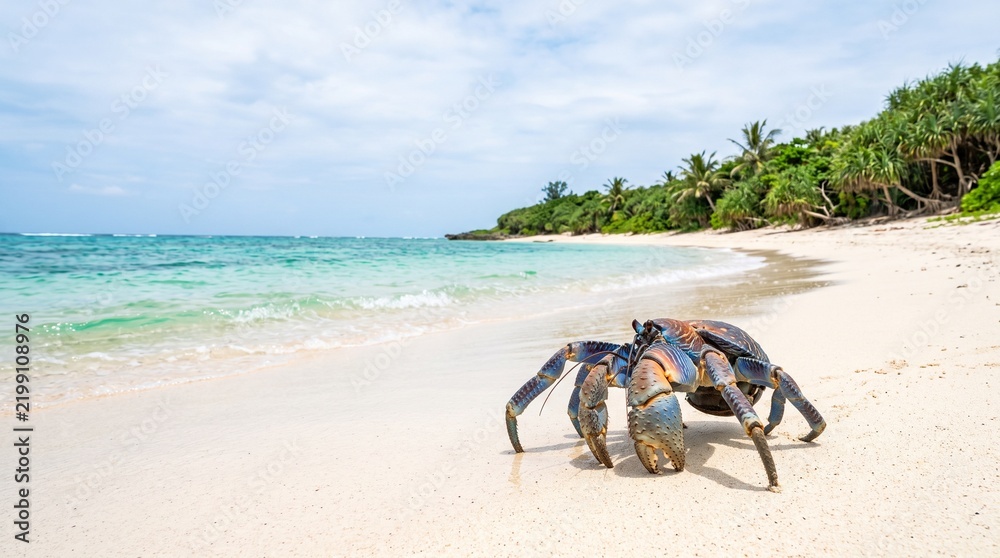 Obraz premium Large coconut crab walking on white sand beach with turquoise ocean water in Okinawa Japan