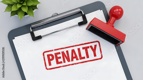 Red penalty stamp on clipboard with professional office background