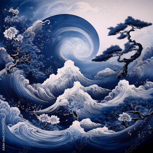 Plakat w ramie 藍色で描く波と月の和モダンアート, AI生成画像