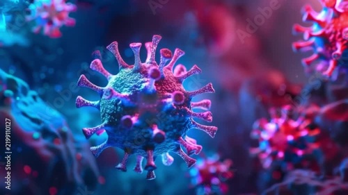 Colorful Virus Close-up in a Stunning Biomedical Concept Showing Viral Structure and Interaction. Explore Virus Microbiology and Research Developments. Generative AI