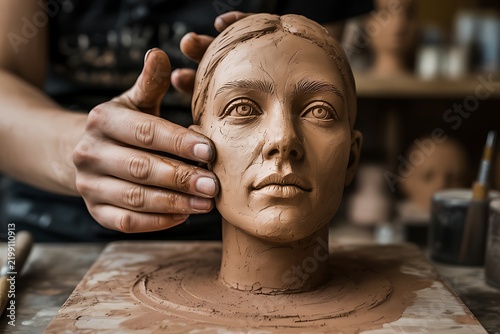 Artist Hands Sculpting Woman Face Clay Bust Pottery Workshop Concept Image