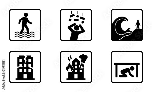 Disaster Icons: Flood, Falling Debris, Tsunami, Building Damage, Fire, Earthquake Safety