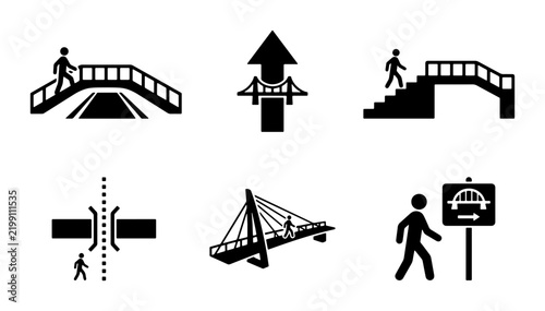 Pedestrian Bridge Icons, Crossing Overpass Symbols, Urban Walkway Vector Set