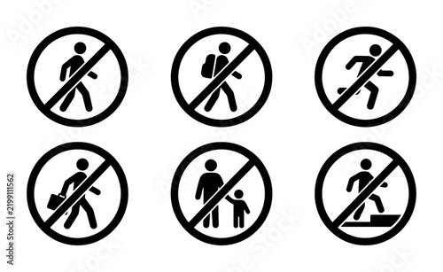 Prohibited Actions Vector Icons: No Walking, Running, or Entry Signs Set