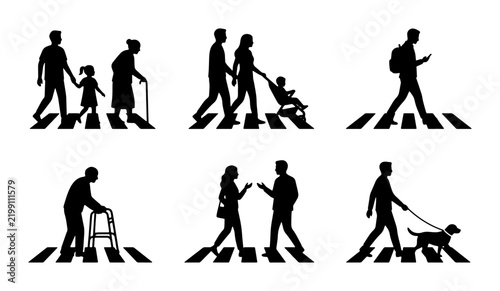 Pedestrian Crossing Silhouettes: Diverse People on Zebra Stripes, Walking, Strolling, with Stroller, Dog, Walker