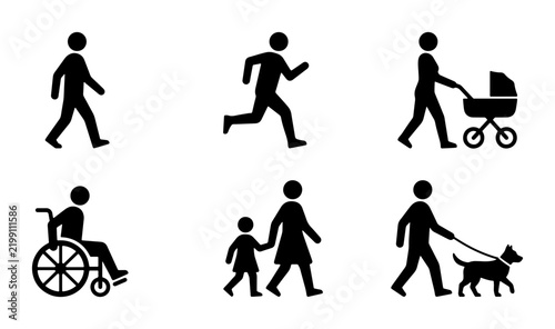 Diverse People Icons Set: Walking, Running, Stroller, Wheelchair, Family, Dog Walker
