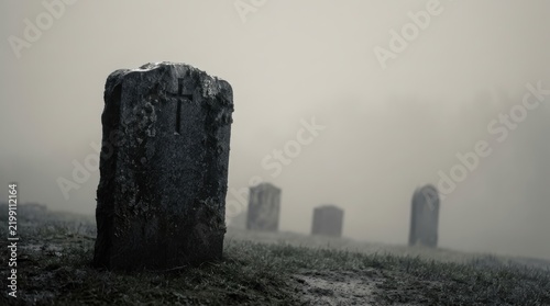 Eerie Minimalist Cemetery Landscape with Weathered Mossy Tombstone and Thick Fog