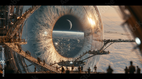 Close-up of a human eye acting as a giant portal overlooking a futuristic space city and planet from orbit   